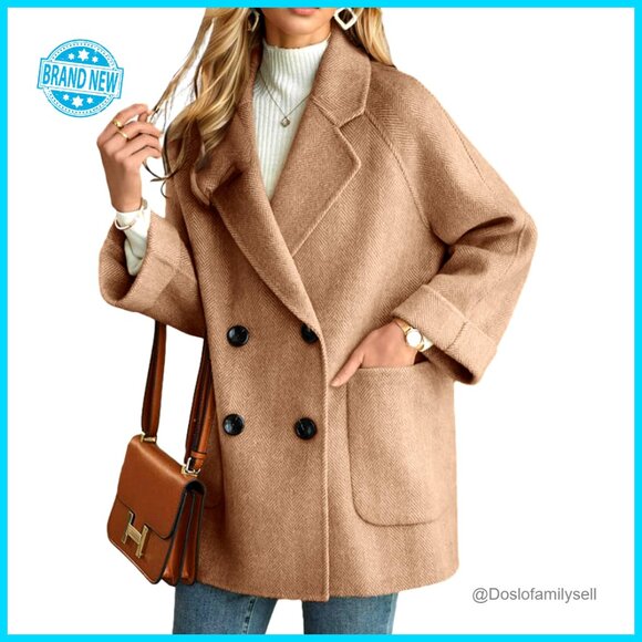 Wool Pea Coat Double Breasted Loose Fit Classic Tweed Winter Overcoat Jacket